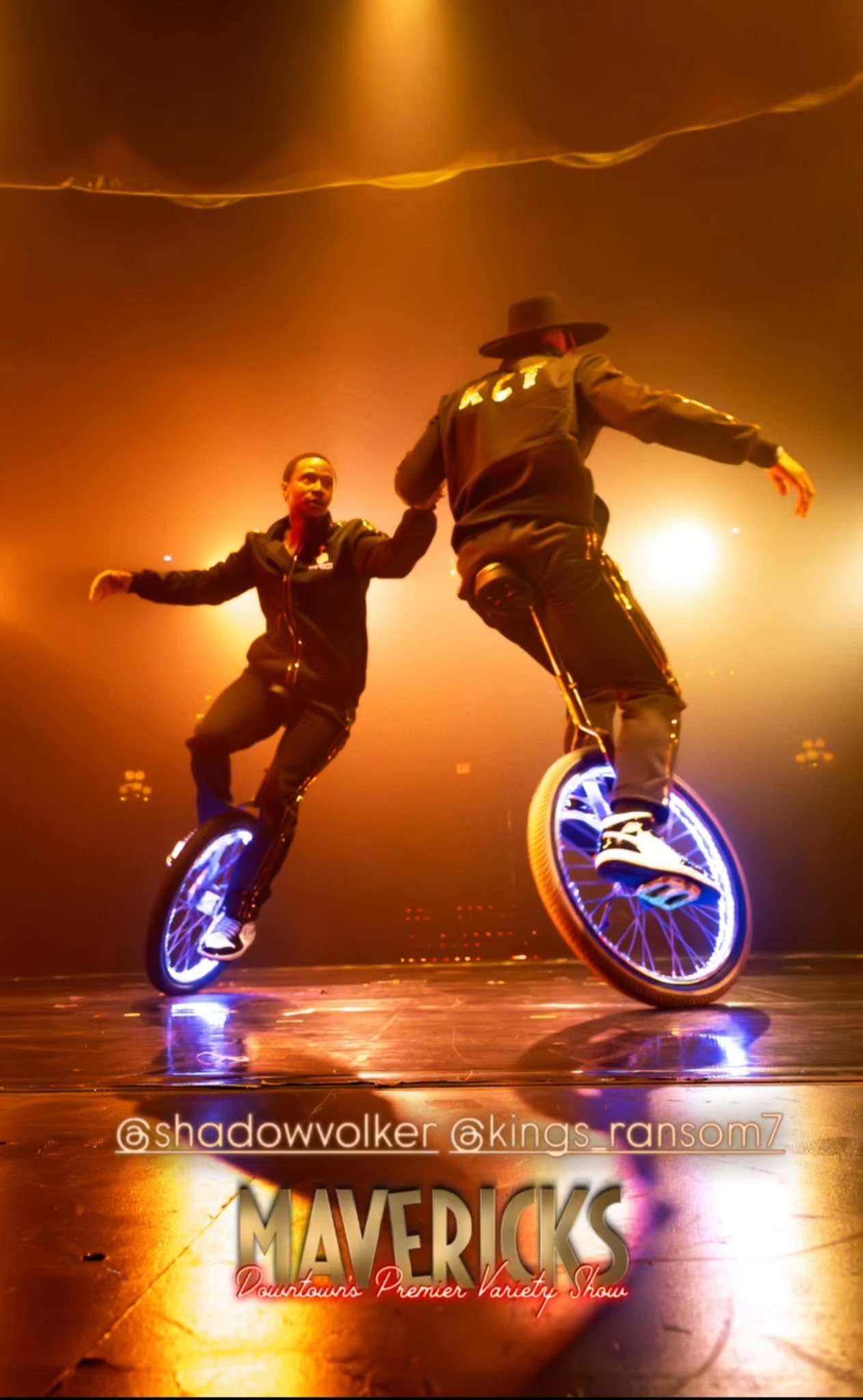 Kaseem Alamudeen performing a unicycle duo act at Mavericks Las Vegas